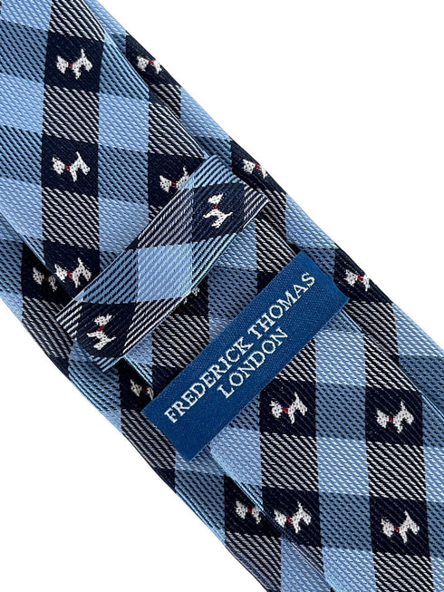light blue  and dark navy blue plaid gingham style tie with Scottie dog Scottish Terrier design